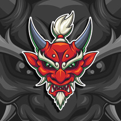 Japanese red oni mask logo vector illustration