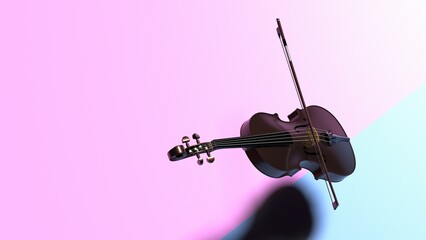 Brown-Gold classic violin on pink-blue plane under spot lighting background. 3D sketch design and illustration. 3D high quality rendering. © DRN Studio