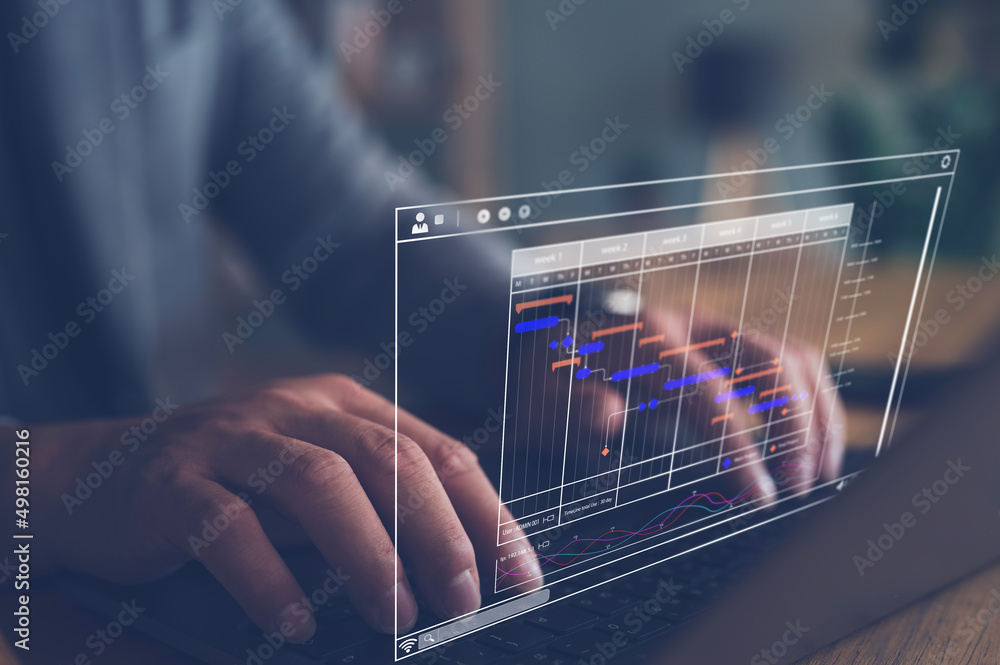 Aufkleber Analyst working with computer in Business Analytics and Data Management System to make report with KPI and metrics connected to database. Corporate strategy for finance, operations, sales, marketing
