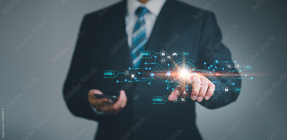 Aufkleber Security of future technology and Cybernetics on the Internet innovation technology against digital cyber crime, finger scanning allows access to security and identification of big Data businesses.