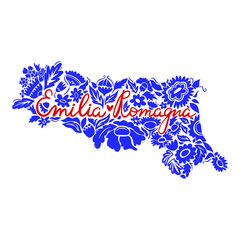 Handdrawn map of italian region Emilia-Romagna. with colourful flowers. Visit Italy concept. Poster design or postcard illustration. Business travel card.