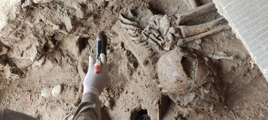 An archaeologist using a brush in the dirt to make a discovery at an archaeological site