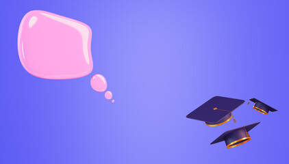 Graduate caps in the air and speech bubbles, 3d render. Concept of education or graduation, 3d banner