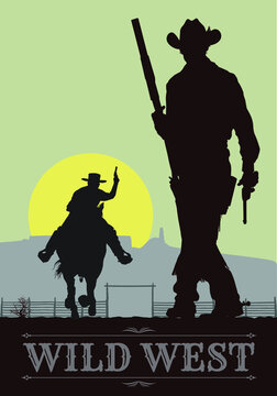 A vintage style western (wild west) movie poster of two outlaw gunslingers, having a shootout.