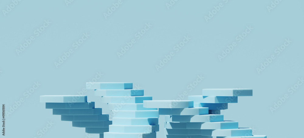 Poster minimal abstract background for product presentation. blue spiral stair podium on blue background. 3