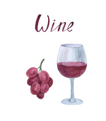 et of wine bottle with glass and grapes, cork, watercolor illustration isolated on white background