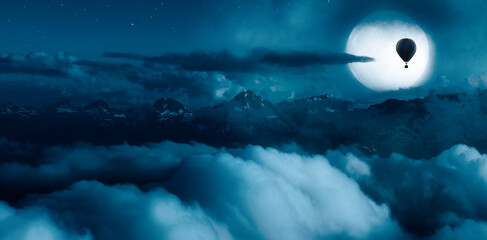 Magical Night Scene with Full Moon in cloudy sky. Hot Air Balloon Flying. Mountain Landscape from British Columbia in Canada. Aerial Canadian Nature Background Art Render.