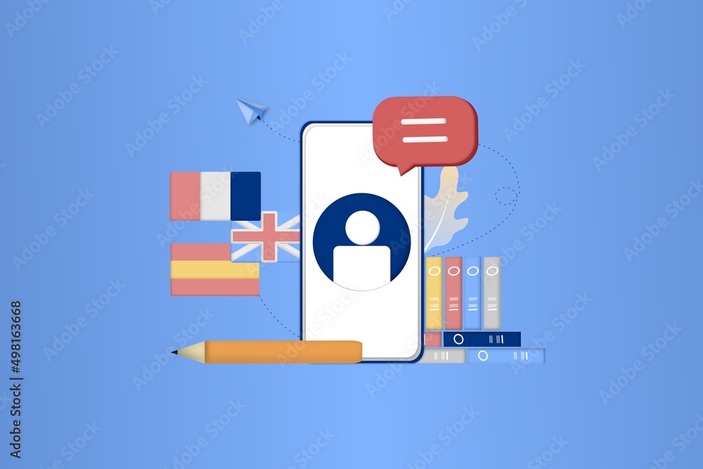 Poster modern 3d online languages learning class, language courses banner template for website and mobile a