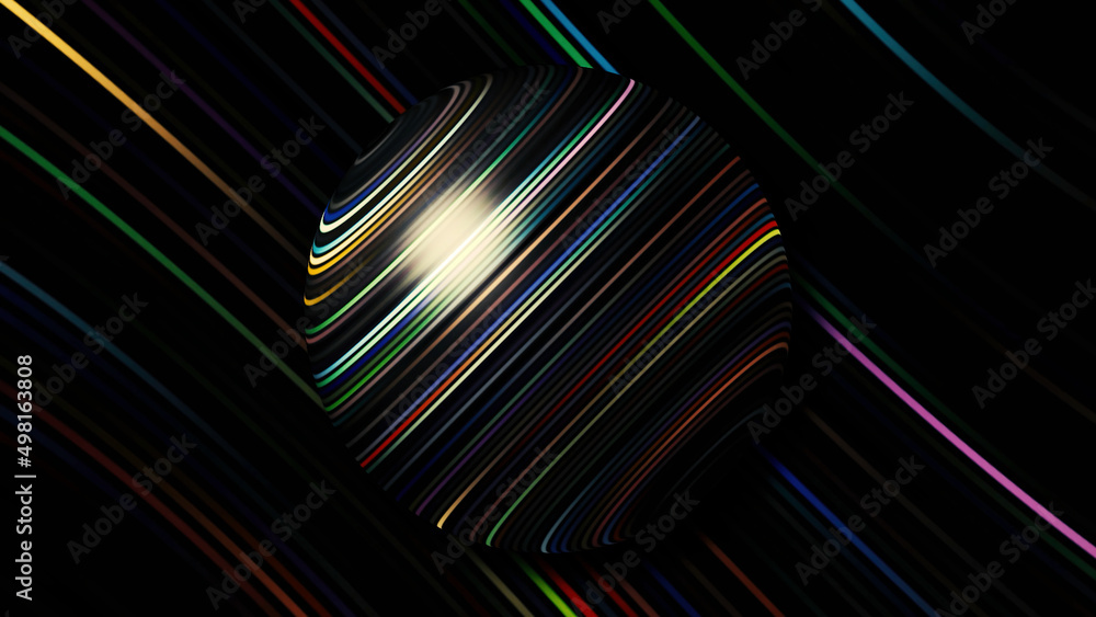 Poster 3d ball with multicolored stripes. motion. ball with shimmering stripes repeating on background. str