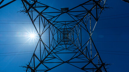 下から見上げた鉄塔と送電線