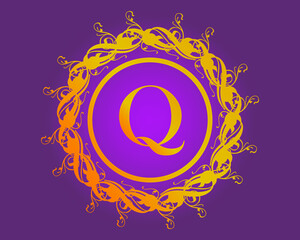 Golden flower logo design with letter Q. Luxury gold emblem, brand or company name. Round floral icon for jewelry salon, boutique, cosmetics store, shop.