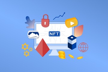 NFT non fungible token infographic with lines and dots network. Pay for unique collectible in video, game, art. Isometric vector illustration of NFT with blockchain technology for web banner template.