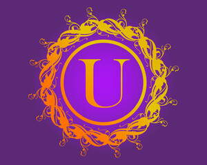 Golden flower logo design with letter U. Luxury gold emblem, brand or company name. Round floral icon for jewelry salon, boutique, cosmetics store, shop.