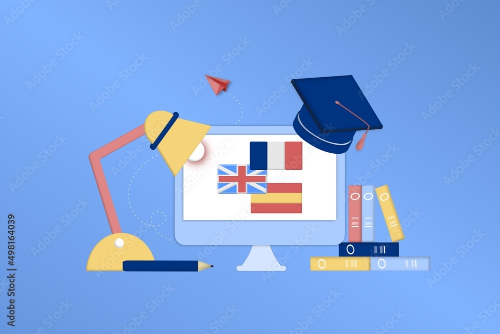 Poster modern 3d online languages learning class, language courses banner template for website and mobile a