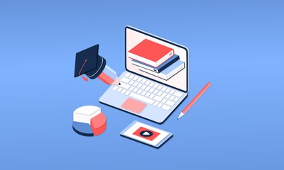 Modern 3d isometric concept of Online Education for banner website. Page template vector illustration of online learning, internet course, remote, tutorial on laptop or mobile phone application.
