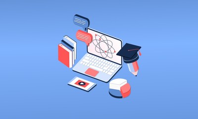 Modern 3d isometric concept of Online Education for banner website. Page template vector illustration of online learning, internet course, remote, tutorial on laptop or mobile phone application.