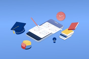 3D isometric page template for online examination on smartphone or computer. Online test, opinion checklist, online education, questionnaire form, survey metaphor, answer internet quiz.