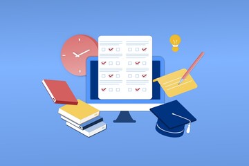 3D isometric page template for online examination on smartphone or computer. Online test, opinion checklist, online education, questionnaire form, survey metaphor, answer internet quiz.