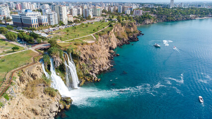 Waterfall Duden (Karpuzkaldiran selalesi) falling into the Mediterranean sea. Waterfall falling...