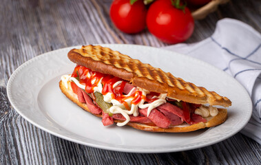Serving Turkish traditional toast sandwich (Turkish name; Ayvalik tostu)