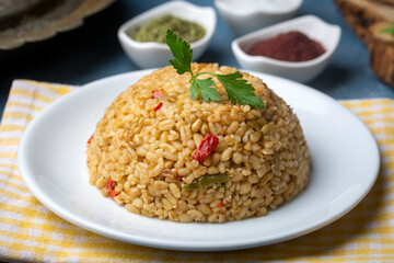 Bulgur pilaf with quinoa, food concept photo. Turkish name; kinoali bulgur pilavi