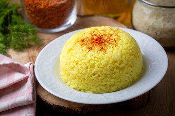A plate of saffron rice pilaf (Turkish name; safranli pilav)