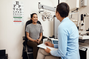Is this the first eye test youve had. Shot of a young woman having an eye exam by an optometrist. - obrazy, fototapety, plakaty