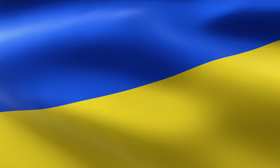 Flag of Ukraine fluttering in the wind, close-up. Yellow and blue colors of the national flag of Ukraine. Fragment of the textile flag of Ukraine. 3D render
