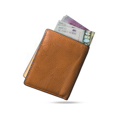3D rendering of Cape Verdean escudo notes popping out of a brown leather men’s wallet. Cape Verdean escudo in wallet