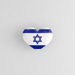 Heart shaped badge with the flag of Israel as a symbol of patriotism and pride in one's country. State symbol of Israel on a glossy badge. 3D rendering