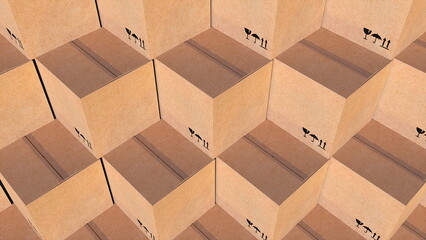 Cubes with markings for 3d render of shipment of things and goods. Storage container for delivering fragile items with gentle handling. Standard packaging for freight.