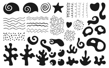 Abstract shape silhouette marine objects set. Organic forms underwater ocean world seaweed, stamp coral reef. Modern trendy drawing scribble shapes collage with wave, scrapbook collection vector