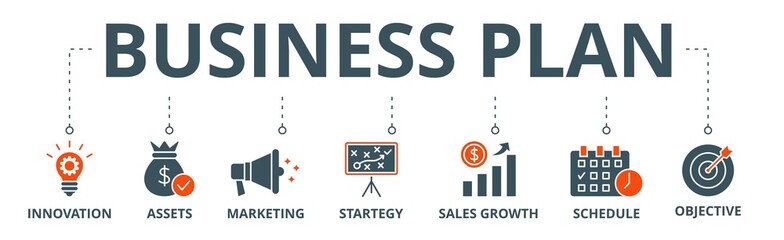 Business plan  banner web icon vector illustration concept with icon of innovation, assets, marketing, strategy, sales growth, schedule, and objective