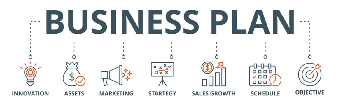 Business Plan  Banner Web Icon Vector Illustration Concept With Icon Of Innovation, Assets, Marketing, Strategy, Sales Growth, Schedule, And Objective