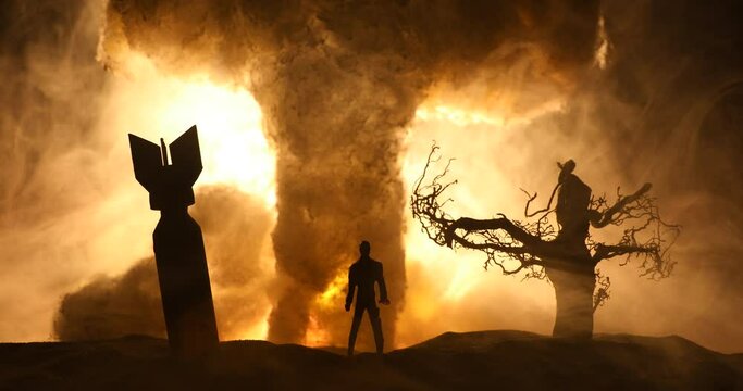 Creative artwork decoration - Russian war in Ukraine concept. Giant explosion of nuclear bomb and people. Selective focus