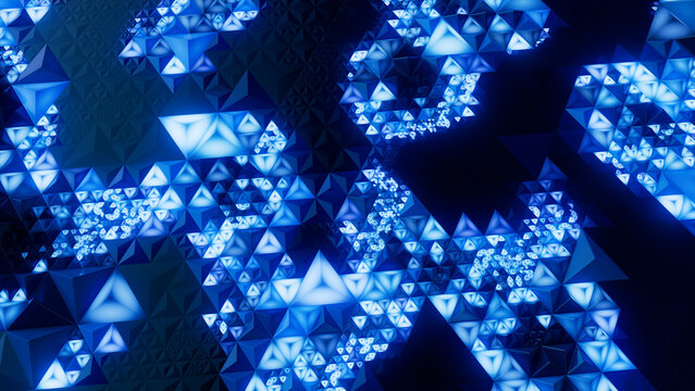 Neon Modern Surface with Tetrahedrons. Illuminated, Blue Three-Dimensional 3d Texture.