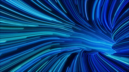Blue, Purple and Turquoise Colored Curves form Colorful Neon Lines Tunnel. 3D Render.