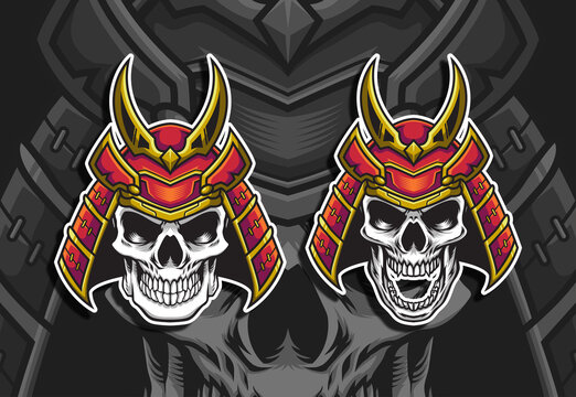 Skull head with samurai helmet vector illustration