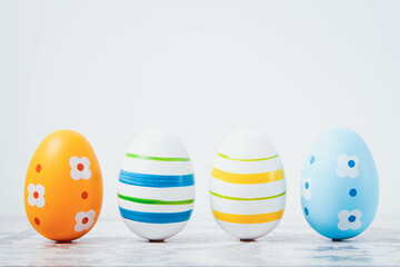 Easter. Multicolored eggs. Yellow and blue Easter decorations.