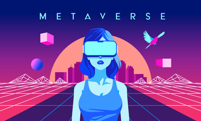 woman wearing glasses virtual reality 3d metaverse technology futuristic interface vector illustration