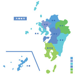 日本の地域図・日本地図 九州地方 雨の日カラーで色分けしてみた