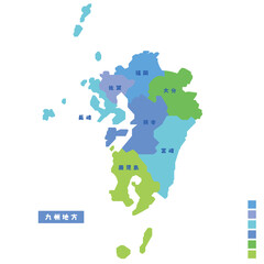 日本の地域図・日本地図 九州地方 雨の日カラーで色分けしてみた