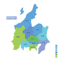 日本の地域図・日本地図 関東甲信越地方 雨の日カラーで色分けしてみた