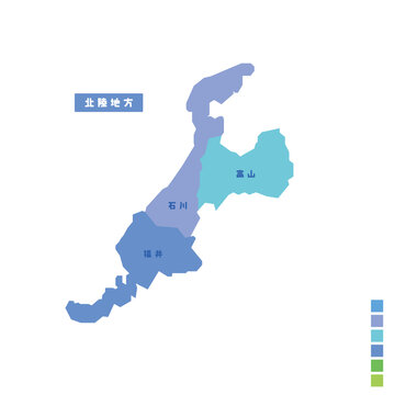 日本の地域図・日本地図 北陸地方 雨の日カラーで色分けしてみた
