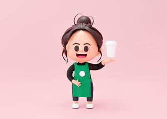 Cute chef baker or barista showing Coffee cup present on pink background 3d rendering