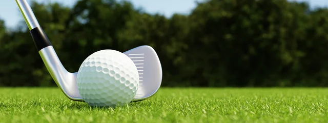Poster Golf ball and golf club with fairway green background. Sport and athletic concept. 3D illustration rendering © Shutter2U
