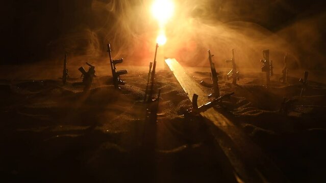 Creative artwork decoration - Russian war in Ukraine concept. Road and giant weapons with giant explosion of nuclear bomb. Selective focus