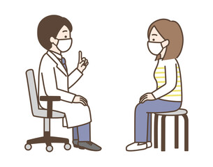 マスクをして診察をする医師とマスクをした患者のイラスト