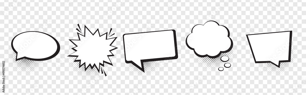 Poster retro empty comic speech bubbles set with black halftone shadows on transparent background.