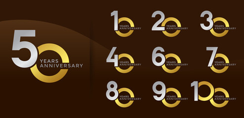 Set of Anniversary logotype silver and golden color with brown background for celebration